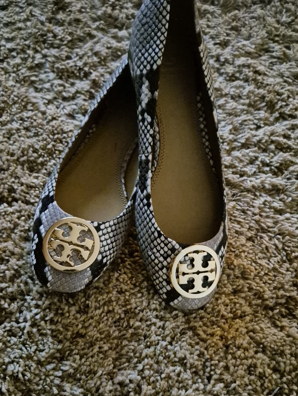 Tory Burch Black & White Snake-Print Reva small heels with Gold Logo
